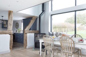 classic kitchen with wooden and turquoise drawers